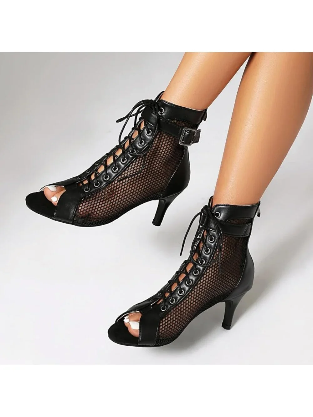 Womens Black Buckle Lace Up Mesh Sandals Peep Toe High Heel Ankle Boots